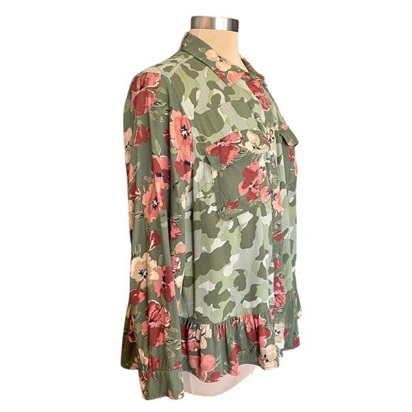 Cato Camouflage Floral Boho Button Up Top Sz 14/16W Ruffled Feminine Fall Casual - Picture 2 of 9